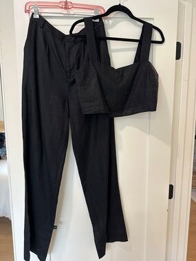 Reformation Black Linen-Blend High-Waist Trousers with Cropped Tank Set
